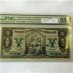 Banque Canadienne Nationale, 85-12-02, 1929, $5.00 note, Beique Leman, serial 1202039, PMG VF-35.