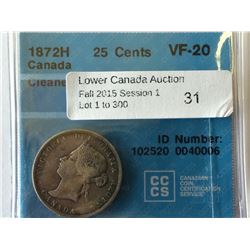 25 cents 1872H, CCCS VF-20; Cleaned.