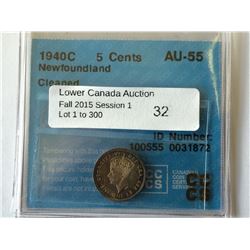Newfoundland 5 cents 1940C, CCCS AU-55; Cleaned.