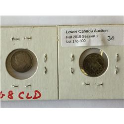 5 cents 1872H in VG-8 Cleaned & 1905 in VF-30. Lot of 2 coins.