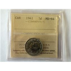5 cents 1941 in ICCS MS-64.