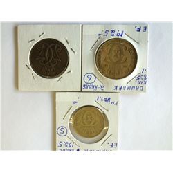 Denmark;  1771 1 Skilling, 1925 1 Krone and 2 krone.  Three coins VF.