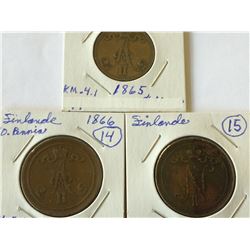 Finland;  1865 5 pennia, 1866 1895 10 pennia.  Three coins VF-EF.