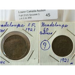 Guadeloupe; 50 Centimes 1921 EF and 1 Franc 1921 VF+. Lot of 2 coins.