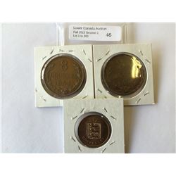 Guernsey; 1834, 1858 8 Doubles and 1889H 4 Doubles.  Three coins EF-UNC.
