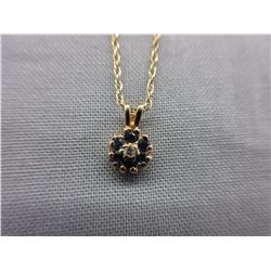14KT Yellow Gold Sapphire & Diamond Pendant & Chain