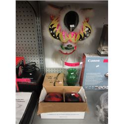 Bowling balls, dragon mask & glass vases
