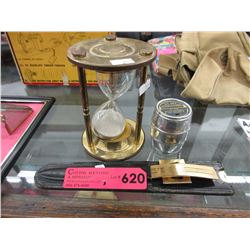 Vintage letter opener, hour glass, bank with logo