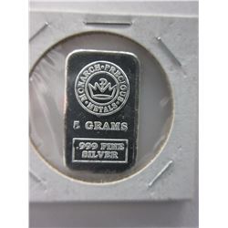 .999 Silver "Monarch Mint" hand pressed 5 gram bar