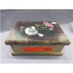 Estate hand painted wooden jewelry box & contents