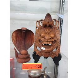Indonesian carved wood mask & Cobra figurine