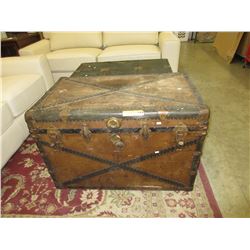 Vintage brass bound trunk & contents