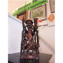 Oriental carved wood fisherman statue