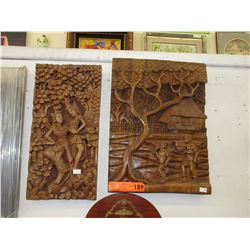 2 Oriental carved wood wall plaques