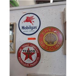 3 Round tin signs with gas logo's