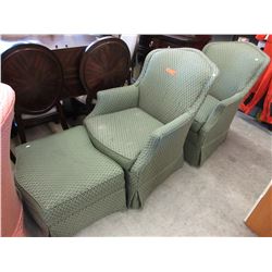 2 Upholstered armchairs & a footstool
