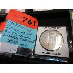 1958 Canadian Silver Dollar - BC Centennial