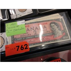 5 x 1954 Canadian $2 banknotes