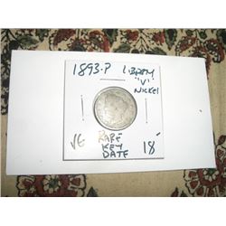 1893-P *RARE KEY DATE* LIBERTY "V" NICKEL RED BOOK VALUE $18.00+ *NICE EARLY VERY GOOD GRADE*!! NICK