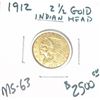 Image 1 : 1912 *EXTREMELY RARE MS-63 HIGH GRADE* 2 1/2 GOLD INDIAN HEAD RED BOOK VALUE $2500.00+ *NICE EARLY G