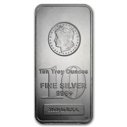 10 OZ .999 PURE SILVER BAR W/MORGAN DOLLAR IMPRINT