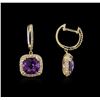 Image 2 : 4.00ctw Amethyst and Diamond Dangle Earrings - 14KT Yellow Gold