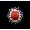 Image 1 : 14KT White Gold 3.70ct Coral, Sapphire and Diamond Ring