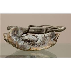 Handmade Total Silver Dried Lizard Statue on Crystal Rock