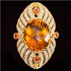 14K Gold 18.92ct Citrine, 0.75ct Fancy Color Sapphire 1.62ct Diamond Ring