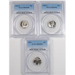 ( 3 ) PCGS GRADED MS-65 FULL BANDS ROOSEVELT DIMES: 1954, 1955-D & 1955-S