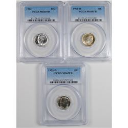 ( 3 ) PCGS GRADED MS-65 FULL BANDS ROOSEVELT DIMES:  1955-D, 1961-D & 1962