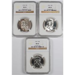 ( 3 ) NGC GRADED MS-65 FRANKLIN HALF DOLLARS,  1958  & (2) 1963