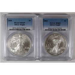 2003 & 2004 AMERICAN SILVER EAGLES, PCGS MS-69