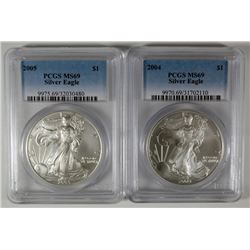2004 & 2005 AMERICAN SILVER EAGLES, PCGS MS-69