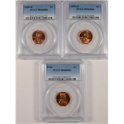 ( 3 ) PCGS GRADED MS-66 RED LINCOLN CENTS:  1944, 1955-D & 1958-D