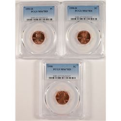 ( 3 ) PCGS GRADED MS-67 RED LINCOLN CENTS: 1990, 1990-D & 1991-D