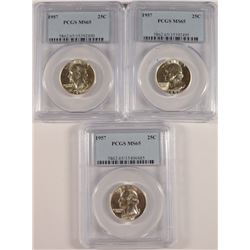 ( 3 ) 1957 WASHINGTON QUARTERS, PCGS MS-65  GEMS