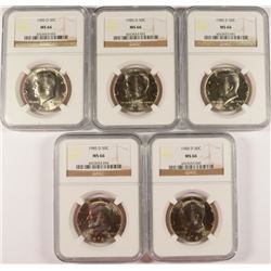 LOT OF ( 5 ) 1985-D KENNEDY HALF DOLLARS, NGC MS-66