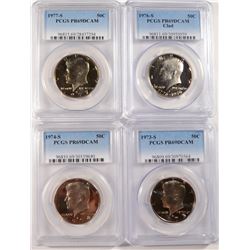 (4) PROOF KENNEDY HALVES ALL PCGS PR-69 DCAM 73-S, 74-S, 76-S CLAD, 77-S