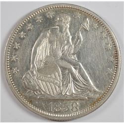 1858 SEATED HALF DOLLAR, AU+ cleaned
