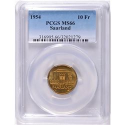 1954 SAARLAND 10 FRANKEN, PCGS MS-66 RARE!!