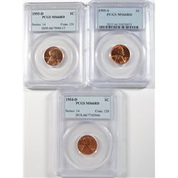 1954-D 1955-D & 1955-S LINCOLN CENTS, PCGS MS-66 RED