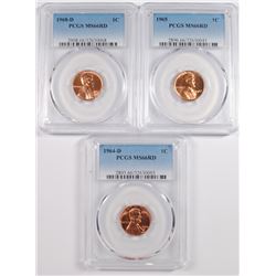 ( 3 ) PCGS GRADED MS-66 RED LINCOLN CENTS: 1964-D, 65 & 68-D