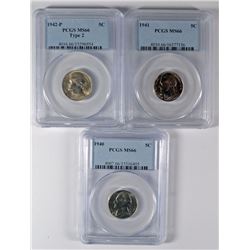 Lot of 3 Jefferson Nickels PCGS MS-66 1940, 41, 42-P Type 2
