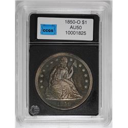 1850-O SILVER DOLLAR, RARE EARLY NEW ORLEANS ISSUE, CCGS AU FULL DETAIL TONED