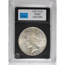 1927-S PEACE SILVER DOLLAR, CCGS CHOICE BU SEMI-KEY