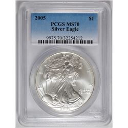 2005 AMERICAN SILVER EAGLE, PCGS MS-70 RARE