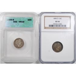 BARBER DIME SET MOSTLY F- XF. 1895-O ICG VG-10, 96-O NGC XF-40. ONLY MISSING 189