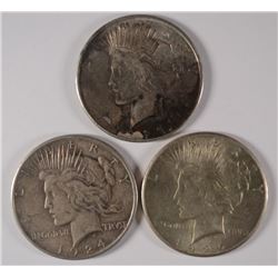 1924, 25 & 26 PEACE SILVER DOLLARS, AVE CIRCULATED