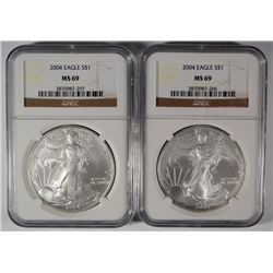 ( 2 ) 2004 AMERICAN SILVER EAGLES, NGC MS-69